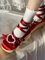 Wine Red Sweet Lolita Mary Janes - 6.5cm Wood Bottom with Convertible Heart Decor