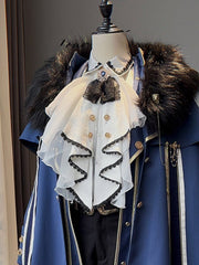 White Gorgeous Jabot with a Blue Rhinestone Brooch