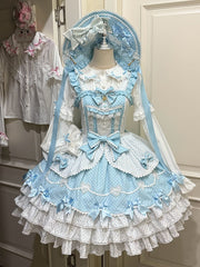 Blue & White Polka-dot Pattern Dress Sweet Bow Accents Lolita Jumper Skirt