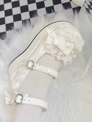 Sweet Lolita White Mary Janes with Bow Accents & Scalloped Hem Strap