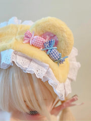 Yellow & Pink Plush Bear Ears Lolita Hairband with Candy Decor