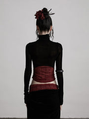 Urban Goth Black & Red Color-Block Velvet High Neck Long-Sleeve Top