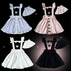 Blue/White/Pink/Black Bowknot Details Jirai Kei Overall Dress With Lace Trim Shorts