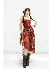 Wine Red Asymmetrical Hem Dragon Print Glamorous Spaghetti Strap Dress