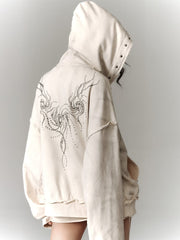 Wasteland Punk Studs Design Beige Washed Loose Casual Zip Hoodie