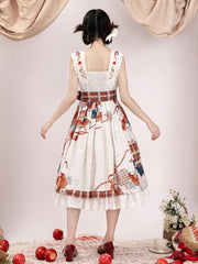 Apple and Floral Embroidery Square Neckline White Jumper Skirt