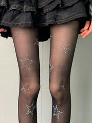 Y2K Black Rhinestoned Star Tights