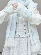 White Knit Fingerless Gloves with Light Blue Bowknot and Snowflake & Bead Accents