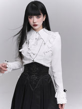 White Victorian Goth Blouse with Ruffled Placket & Adjustable Lace-up Waist