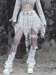 White Punk Distressed Holes Handkerchief Hem Skirt with Detachable Overlay