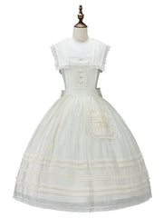 Beige Sailor Lolita Overall Dress with Lace Trim and Pocket Accent
