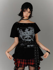 Y2K Black Cross Print Glamorous T-Shirt with Waist Belt