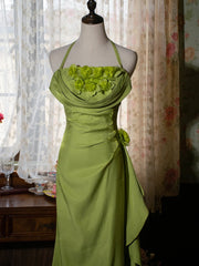 Vintage Green Halter Neck Floral Prom Gown Fairy Dress