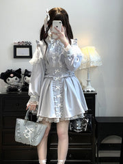 Blue/White/Pink/Black Bowknot Details Jirai Kei Overall Dress With Lace Trim Shorts