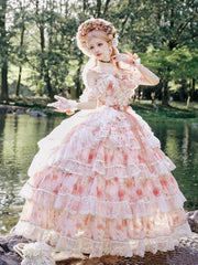Romantic Rosette Print Quinceanera Princess Dress Hanayome Lolita JSK Tiered Skirt Floor Length