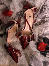 Wine Red Beaded Chain Pointed Toe Hime Lolita Middle Heels