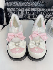 White and Pink Sweet Lolita Platform Mid Heels - Fleece-Lined with Bow Accents & Heart Details