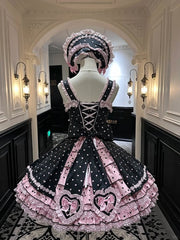 Black Lace-Trimmed Sweet Lolita Dress with Pink Heart Motifs and Bows