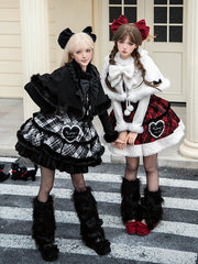 Winter Lolita Plaid Pattern Reversible Cape with Lace and Plush Fur Trim