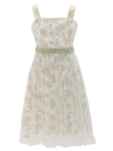 Waist Belt Design White Sunflowers Print Cottagecore Dress