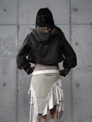 Dark Green Vintage Knit Hoodie Jacket with Suede Paneling