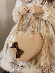 Milk Tea Sweet Lolita 2-Way Bag - Heart Cookie Shape with Bow Accent and Zipper Closure