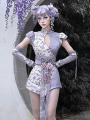 Purple Puff Sleeves Cutout Short Qipao Dress Shorts Lined