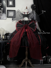 Black & Red Lace Trim Gothic Lolita Dress+Train+Headpiece+Detachable Sleeves+Waist Accessory+Wing Full Set – Curve-Friendly Fit