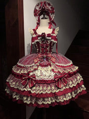 Red Flower Bead Chain Bow Neckline Gorgeous Princess Lolita Dress