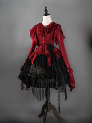 Wine Red Gothic Lolita Cascading Ruffle Tail Shirt + Black Boned High Waist Skirt