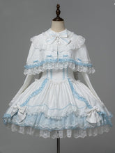 White & Blue Lace-Trimmed Sweet Lolita Dress with Petal-Edged Cuffs + Detachable Bunny Ears Cape Set