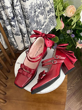 Wine Red Elegant Lolita Square Toe 6.5cm High Block Heels - Dual Buckles & Bow Accents