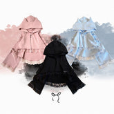 Jirai Kei Short Kitty-Ear Cape with Lace Trim Detail | Black / Pink / Blue