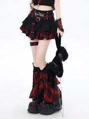Y2K Black and Red Plaid Buckle Belt Design Lined Tiered Skirt with Cross Garter