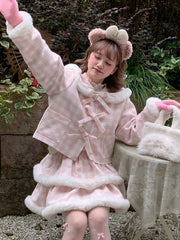 Sweet Pink Plaid Cropped Coat with Bowknot Details and White Plush Trim