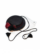 Handmade Steampunk Wine Red And Black Rose Decorated Black Hat With Tassels