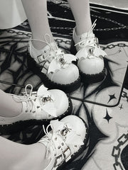 Y2K Matte White Punk Stud Buckle Strap Bat Wings Design Platform Shoes