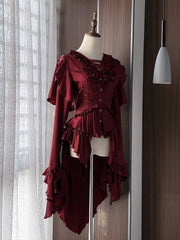 Wine Red Vampire Ouji Long Sleeves Cascading Ruffle Tail Shirt