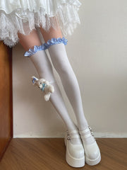 White Overknee Stockings with Blue and White Plaided Ruffle Trim/Plush Rabbit Leg Loop