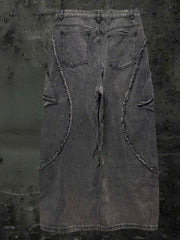 Y2K Wasteland Punk Grey Wide-Leg Jeans with Cross & Raw Hem Detailing