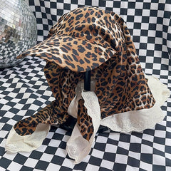 Yellow Y2K Gyaru Fashion Leopard Pattern Lace Trim Baseball Cap