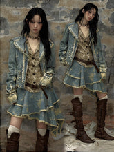 Clearance-Size M for Bust 98CM Vintage Punk Blue Distressed Holes Washed Denim Jacket