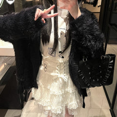 Jirai Kei Black Lace-up Detail Landmine Style Rabbit Ears Hooded Cardigan