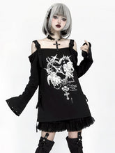 Off-Shoulder Angel Print Black Top with Studded Sleeves, Adjustable Buckle Straps & Free Choker