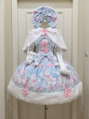 Blue & Pink Cat Print Sweet Lolita Dress with Bow Accents and Fur Trim Hem
