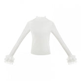 White Lace Trim Cuffs Long Sleeves Knitted Top