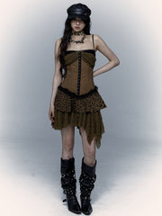 Studs Design Gothic Punk Brown Dropped Waist Asymmetrical Leopard Dress