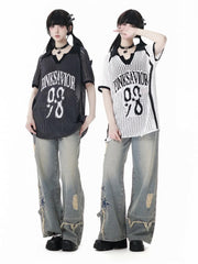 White/Gray V-Neck Blokette Core Hollow-out Summer Sweater