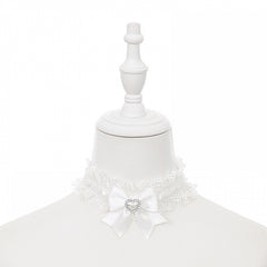 White Lace Choker with Heart Rhinestone Bow