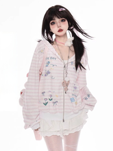 Pink Striped Pattern Y2K Print Zip Closure Hooded Jacket for Autumn